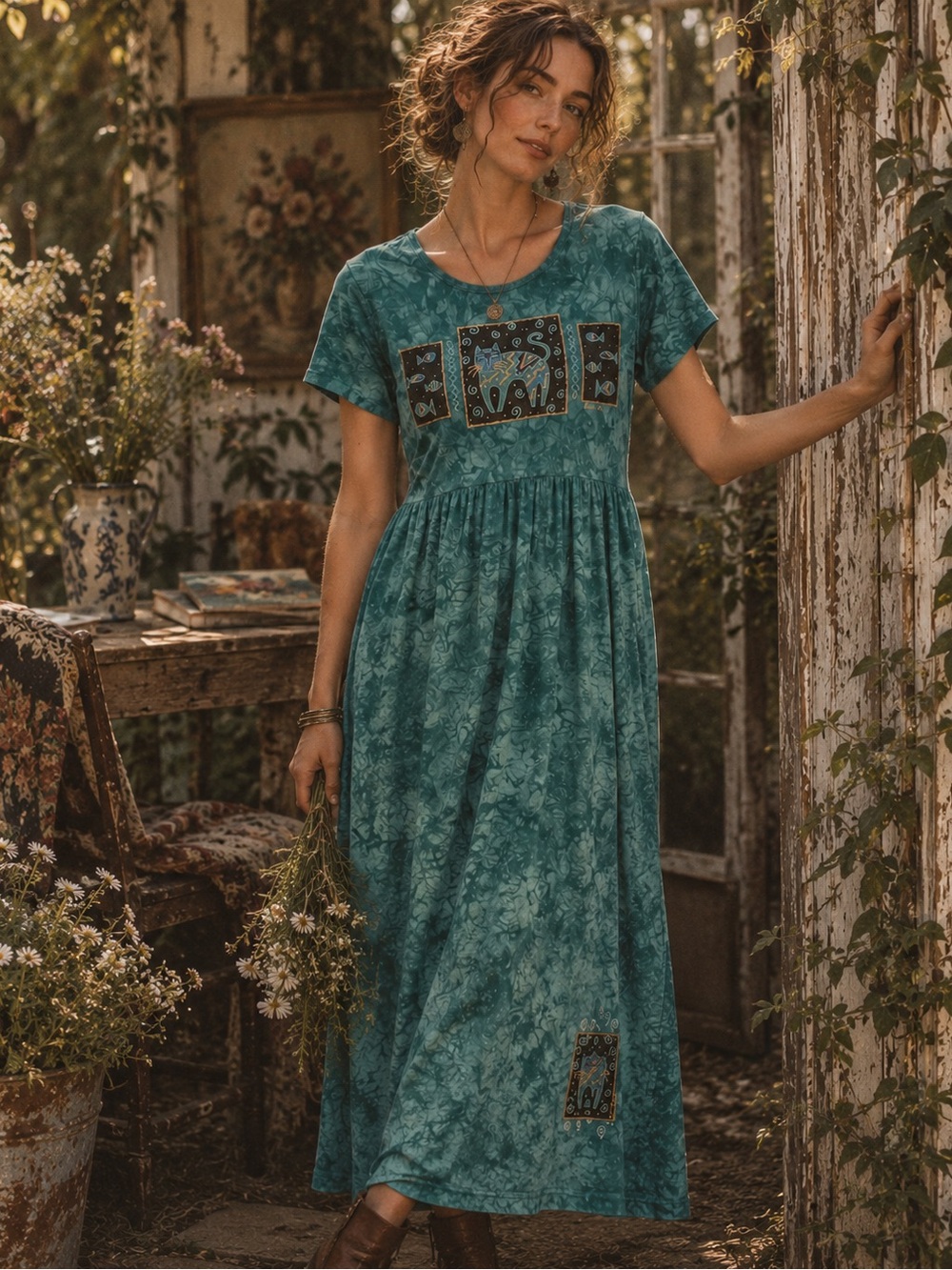 Vintage Cactus Bay by Lyné Teal Folk Art Cat Maxi Dress USA Made Size S